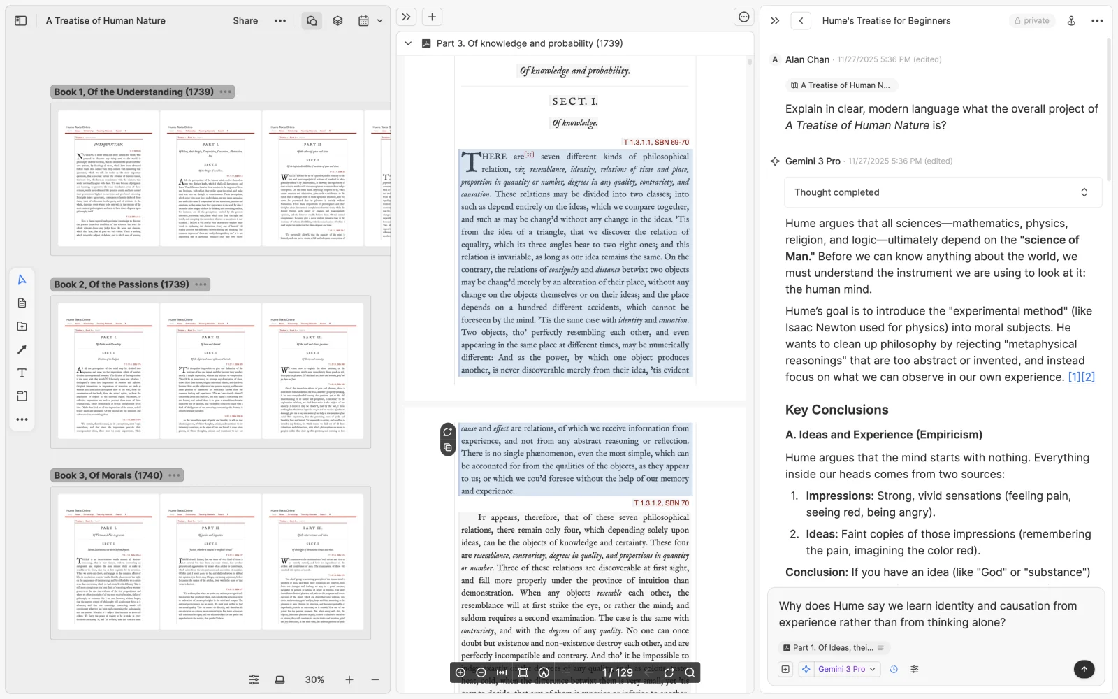 Reading Hume with PDF highlights and AI discussion